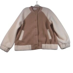 Newin Teddy Fleece Bomber Jacket Tan Cream Sherpa Snap Front Coat Large